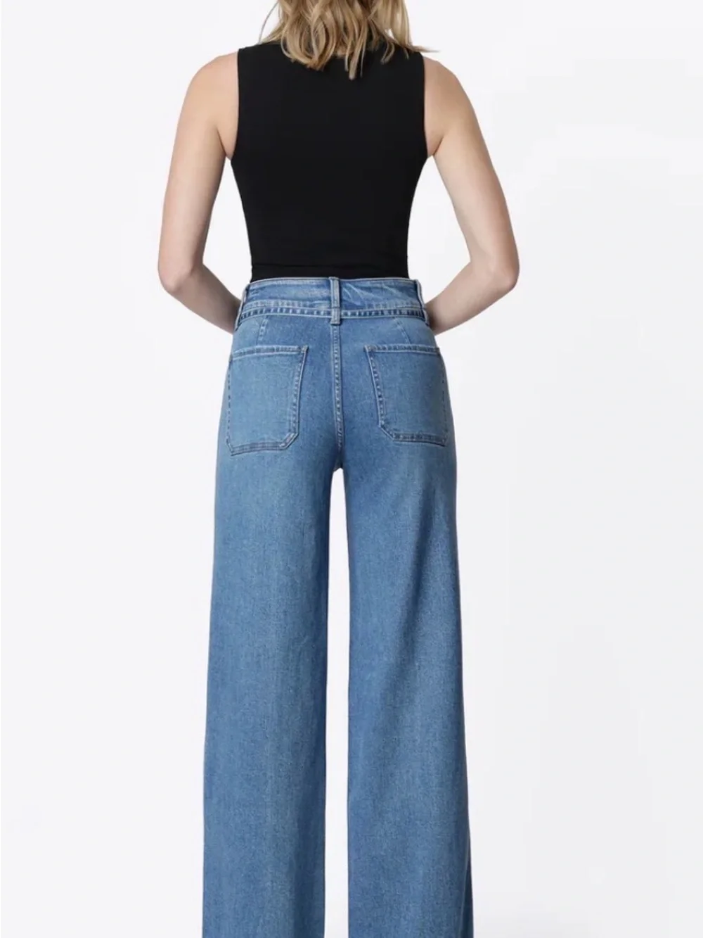 Vervet Wide-Leg High-Waist Blue Denim Jeans with Tie Belt